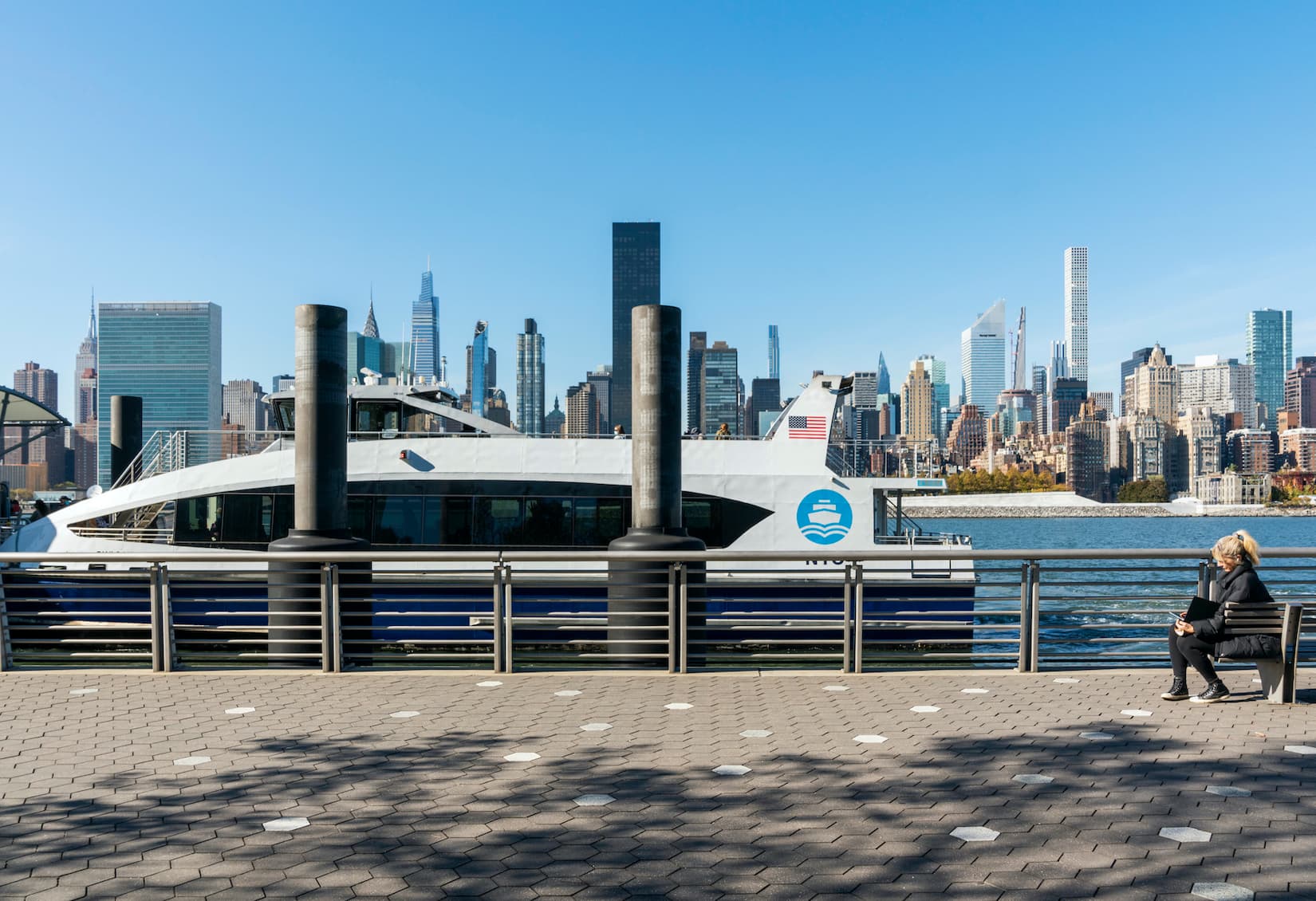 A NYC Ferry boat seen from the Hunter's Point South ferry landing.