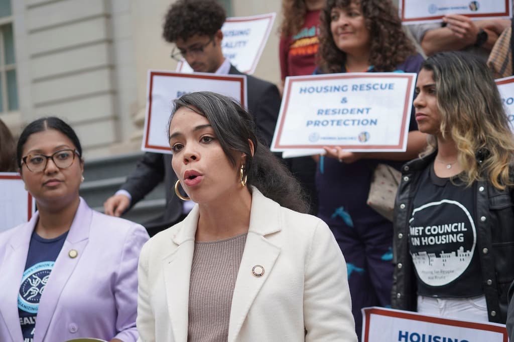 A photo of NYC Council member Pierina Sanchez at a rally.