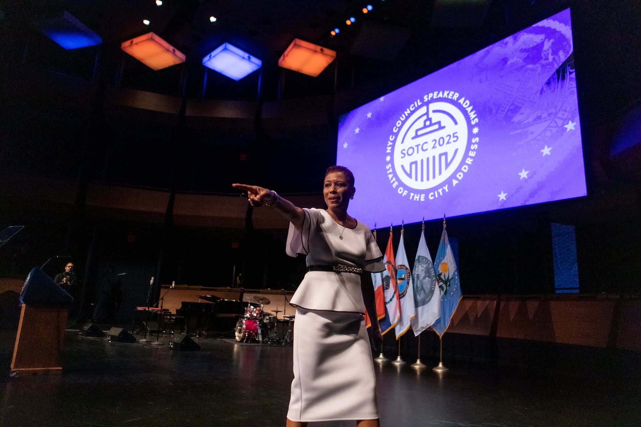 Speaker Adrienne E. Adams on stage after delivering her State of the City address at Lincoln Center.