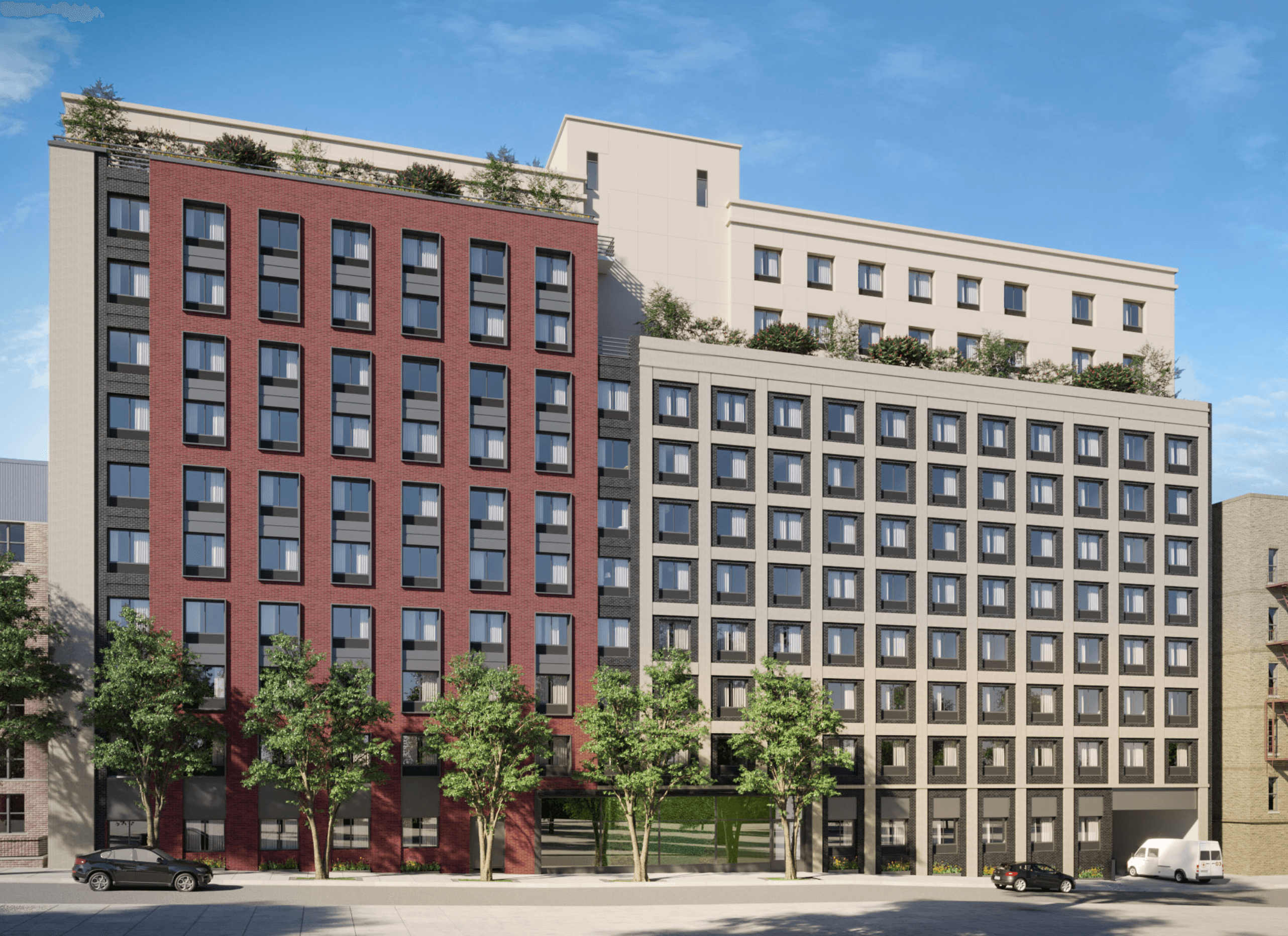 Rendering of red brick and sandstone apartment building in the Bronx