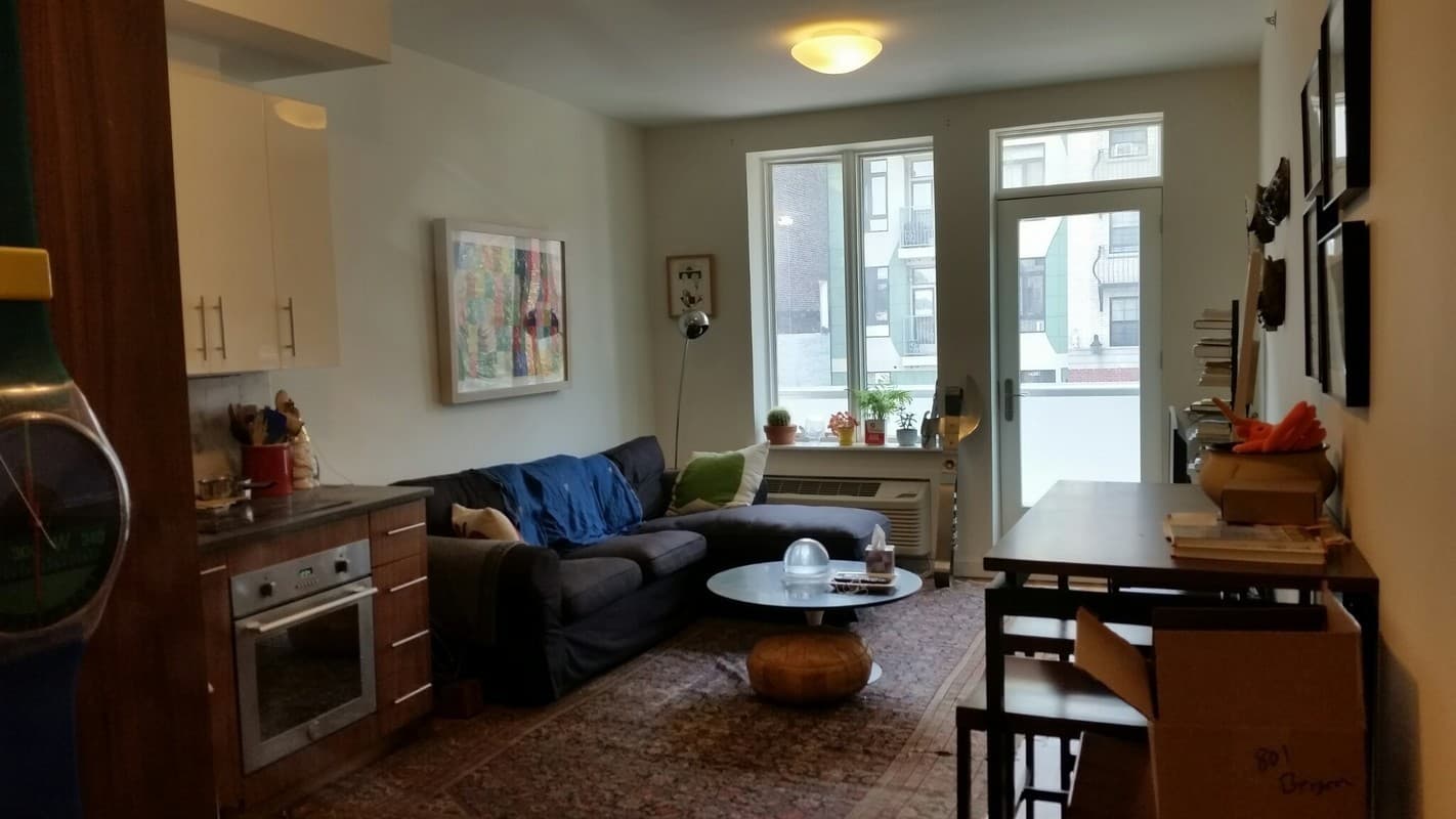 You can have a dog—and your own washer and dryer, too!—in this studio that feels more like a one-bedroom 