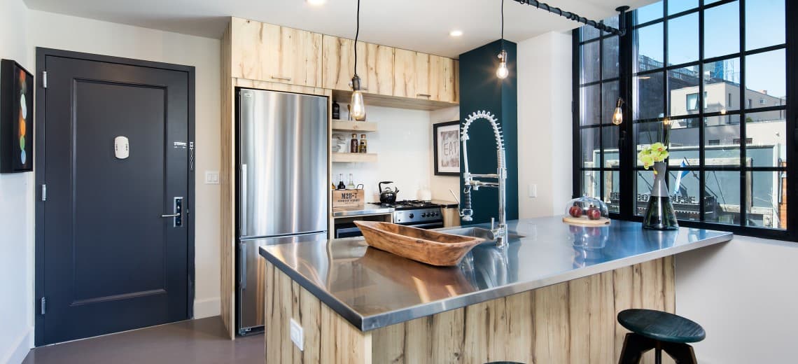 This one-bedroom may look like it's in an old warehouse, but it couldn't be newer