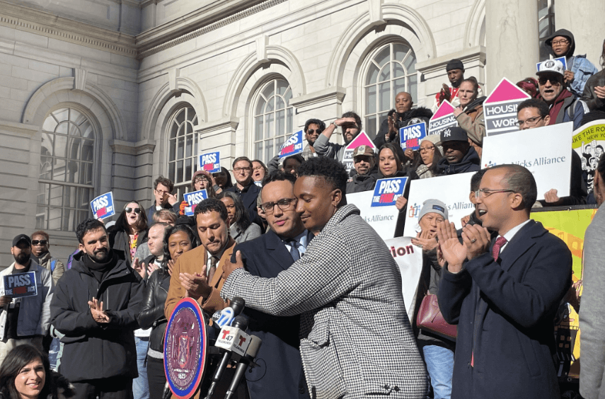 Council members Chi Ossé and Shaun Abreu at a rally before the FARE Act vote in November.