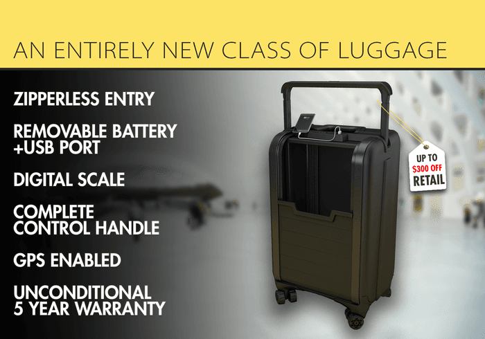 Zipperless luggage that can charge your phone and weigh itself