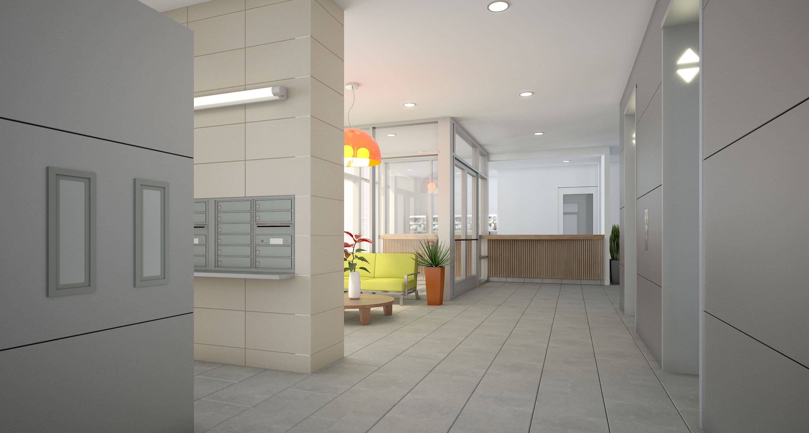 A rendering of part of the lobby of the new development in Norwood.