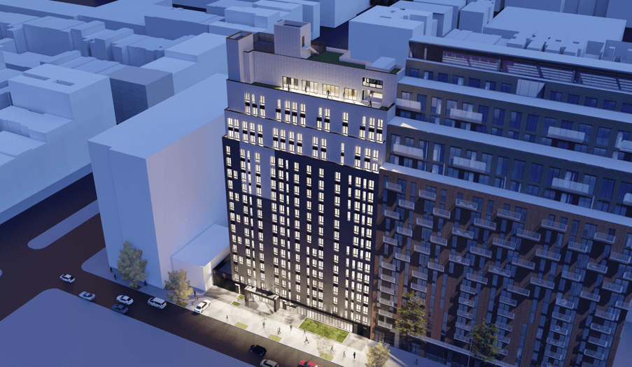 A rendering of the 18-story building at 212 West 124th Street.