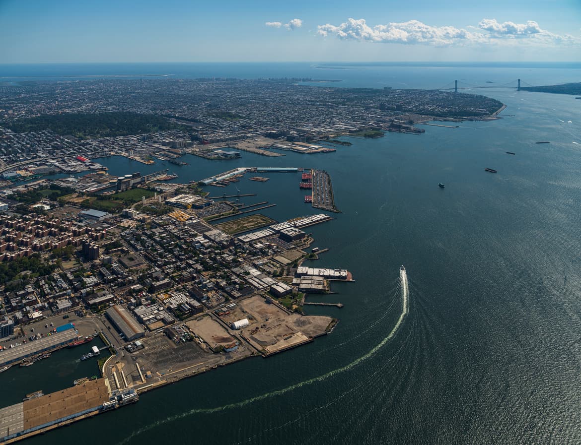 Aerial panoramic view of Red Hook, Staten Island, Brooklyn, and Verrazano-Narrows Bridge