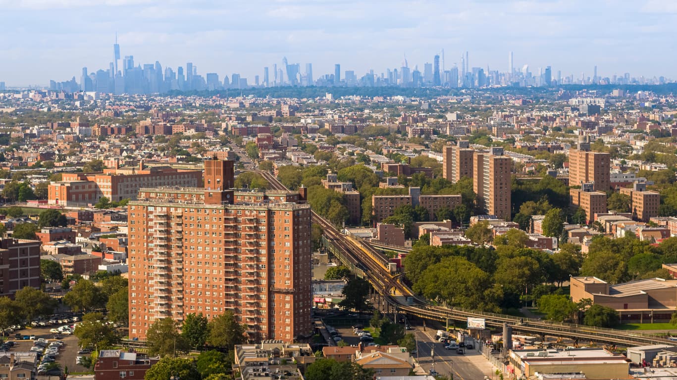 Aerial panoramic view of Coney Island, Brooklyn, New York, USA, on a sunny day.