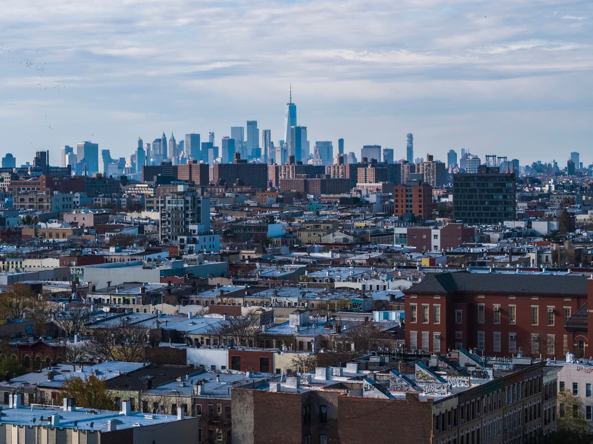Residential district in Bushwick, Brooklyn, New York, with the distant view on Freedom Tower in Lower Manhattan.