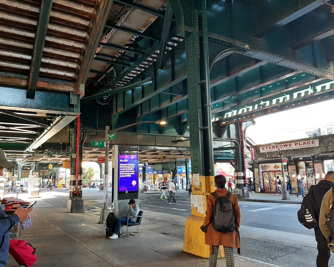 Under the elevated train tracks in Jackson Heights, New York City.