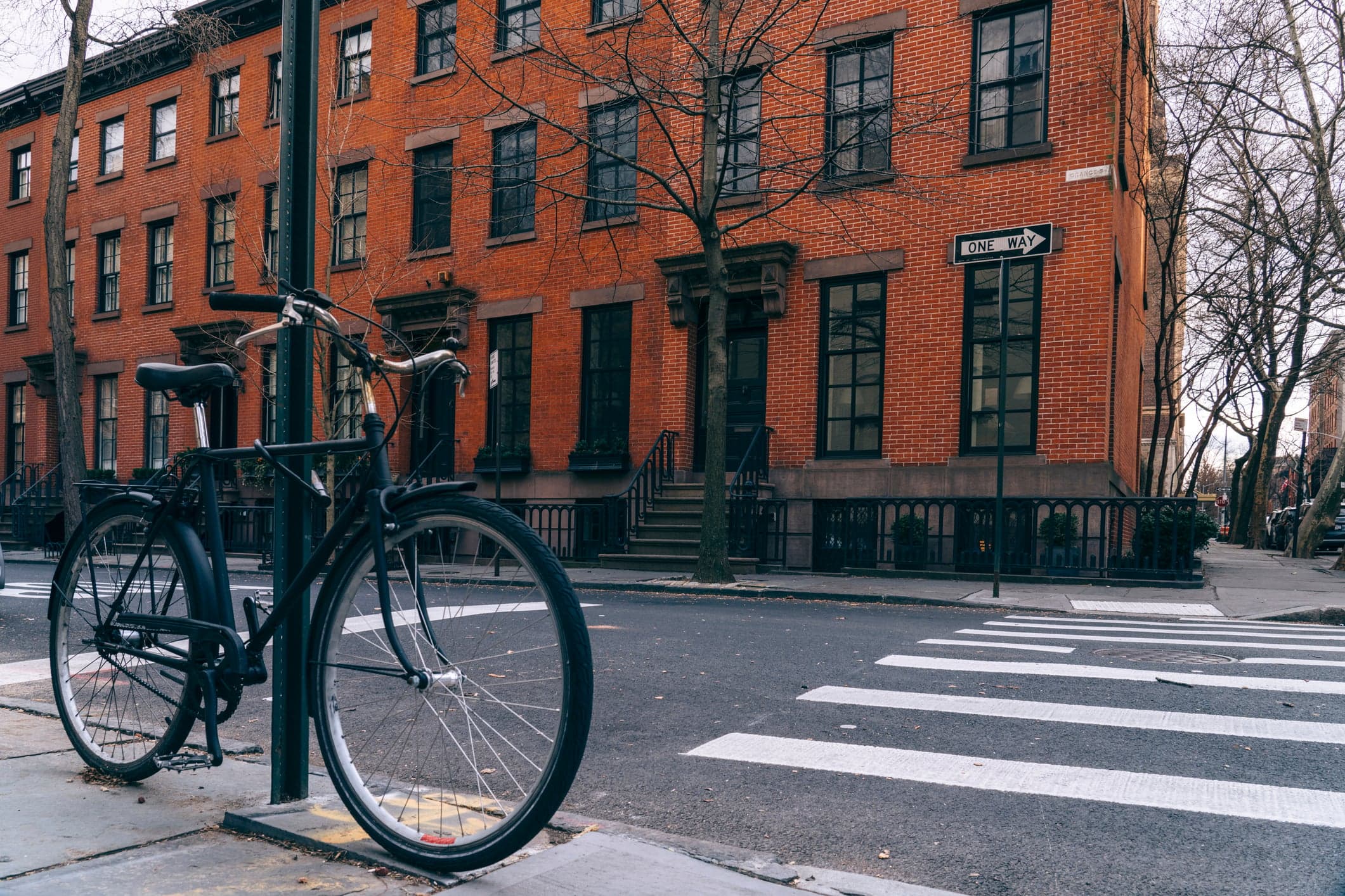Orange street residential district witch bicycle Brooklyn heights New York City