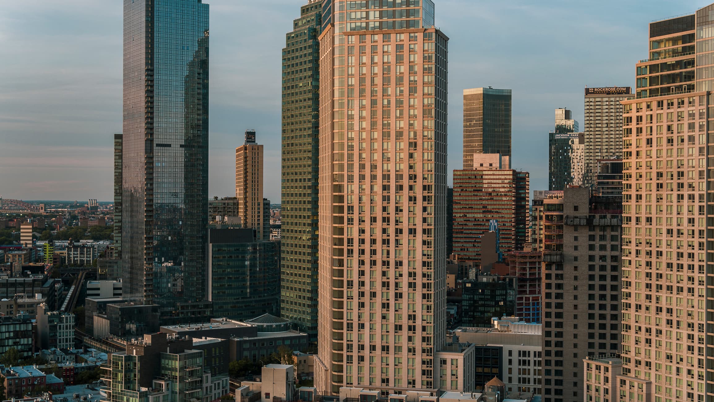 Evening view of residential buildings exterior in Hunters Points, Long Island City, Queens.