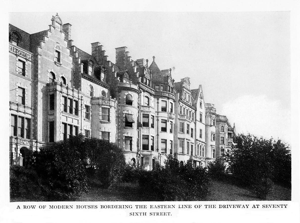 Residential buildings along 76th Street and Riverside Park in the late 19th century.