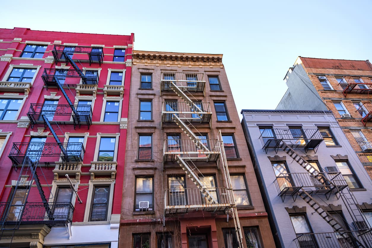 Historic brick facades of NYC apartment buildings