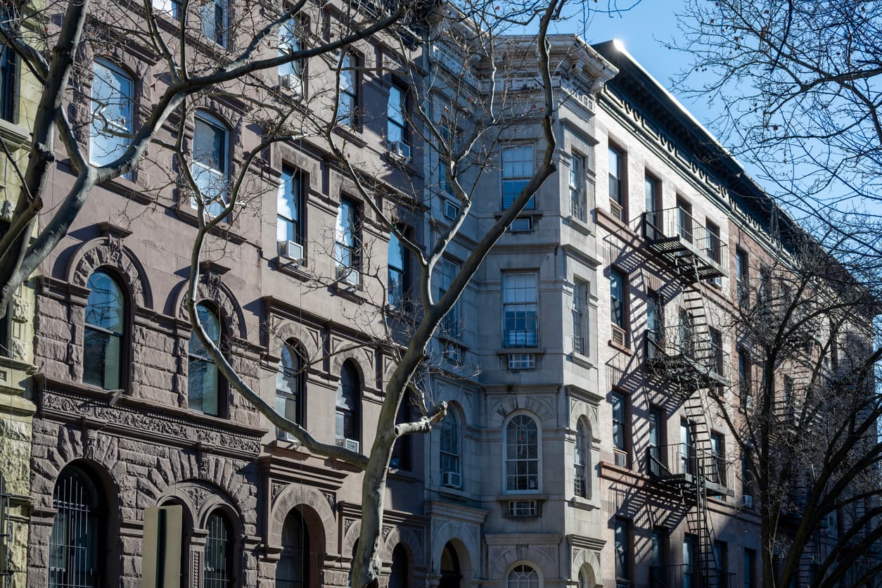 Building facades in New York in winter view from street