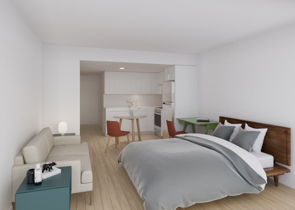 A rendering of one of the bedrooms at the affordable housing development.