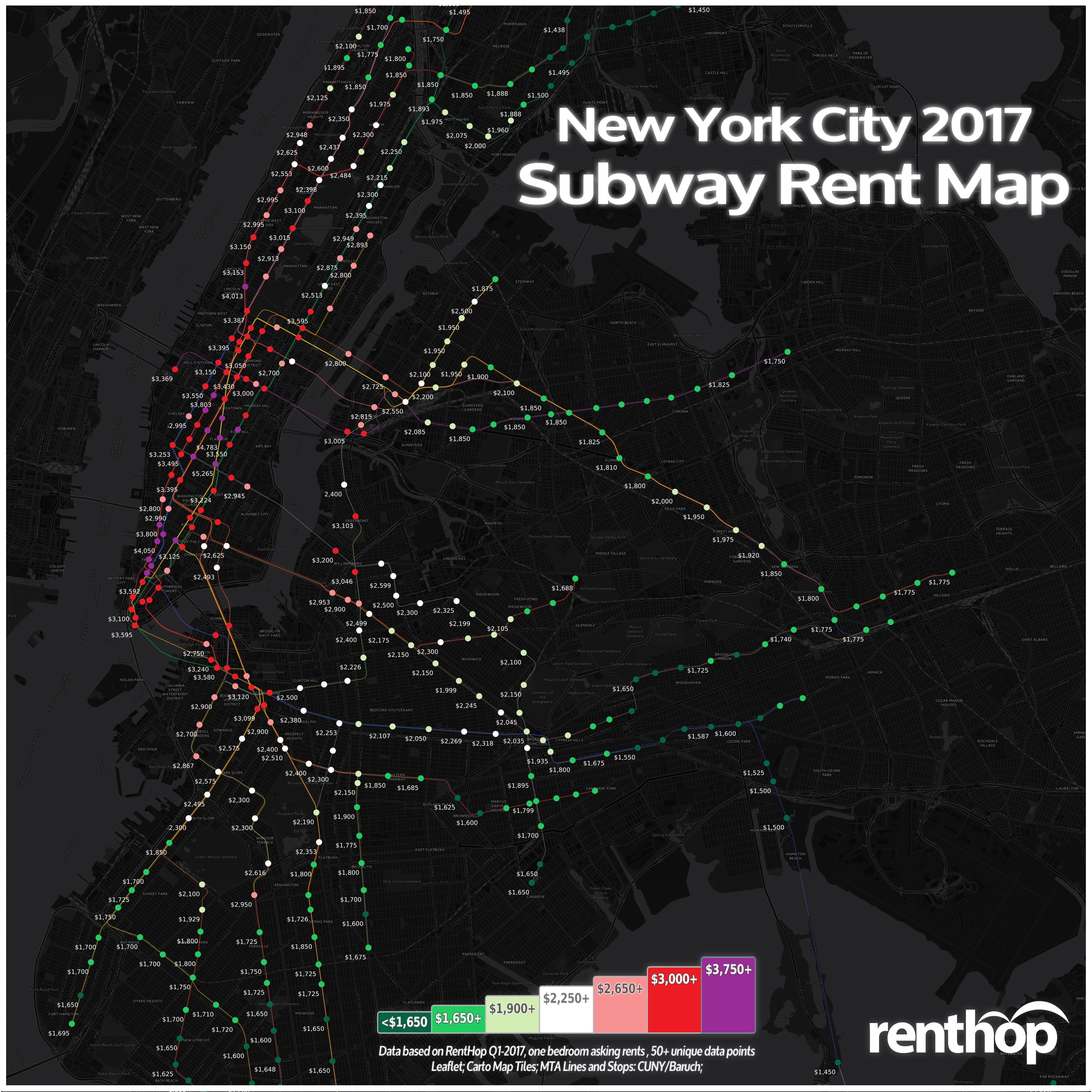 Map: Find the median rent of a one-bedroom near your NYC subway stop (and how much it's gone up in the last year)