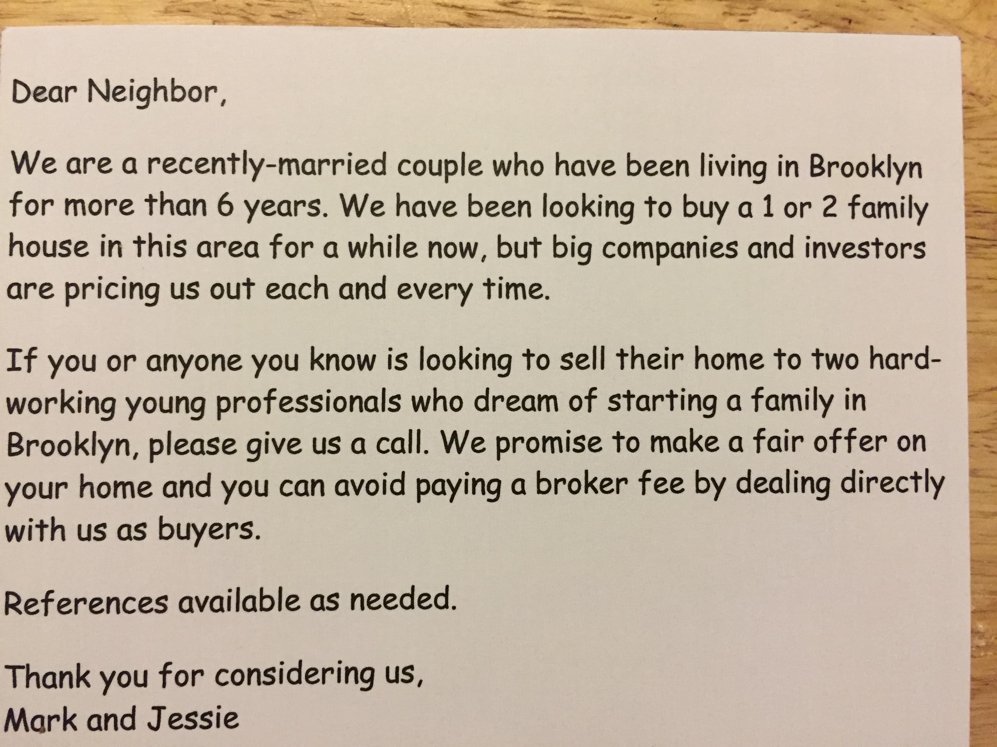 Instead of "love letters," Park Slope buyers hit neighbors with postcards